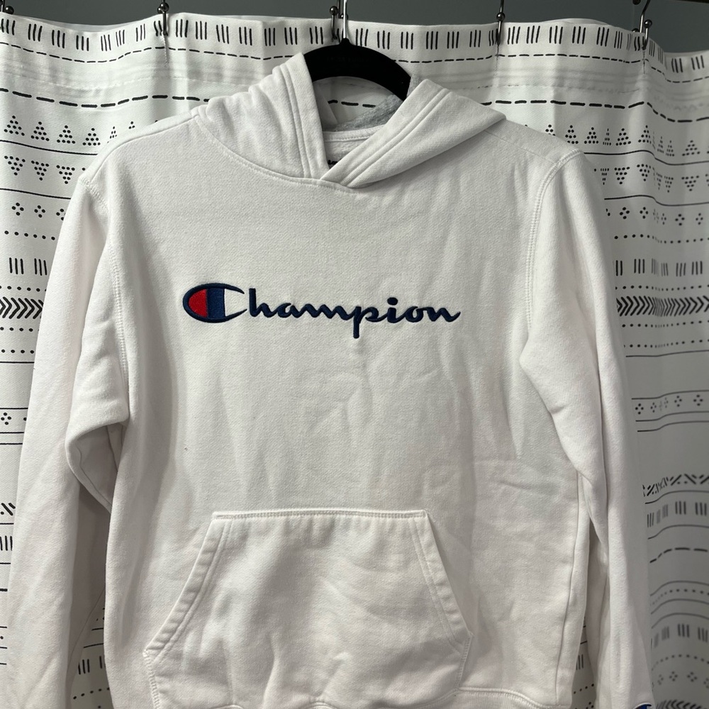 Boys, white champion, hooded sweatshirt, size large